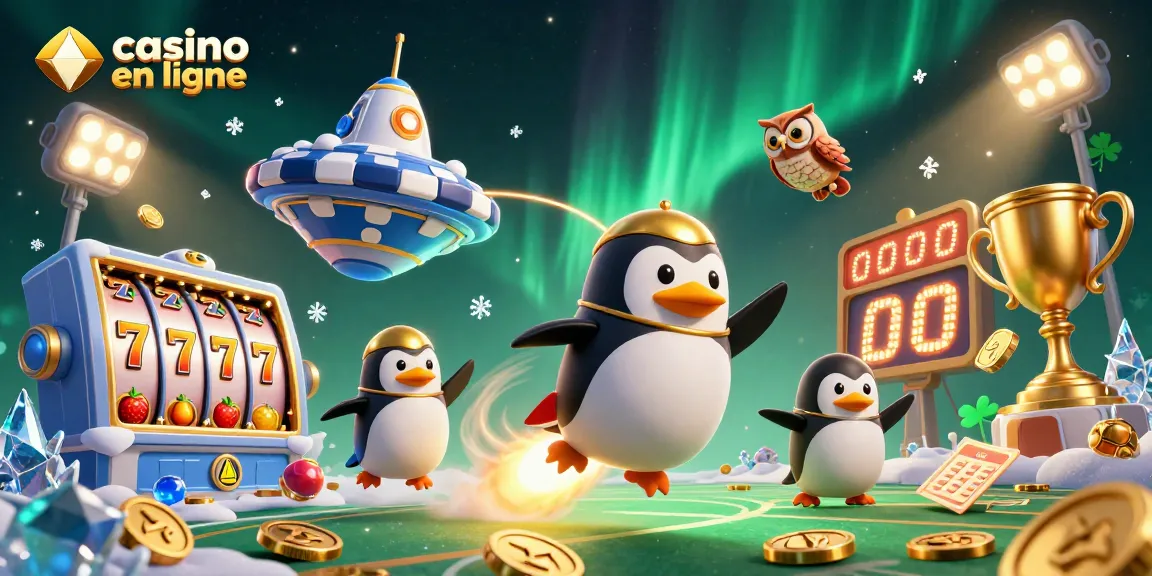 Rassemblez-vous autour du casino en ligne avec un pingouin doré propulsé par une fusée, un univers rempli de pièces d'or.