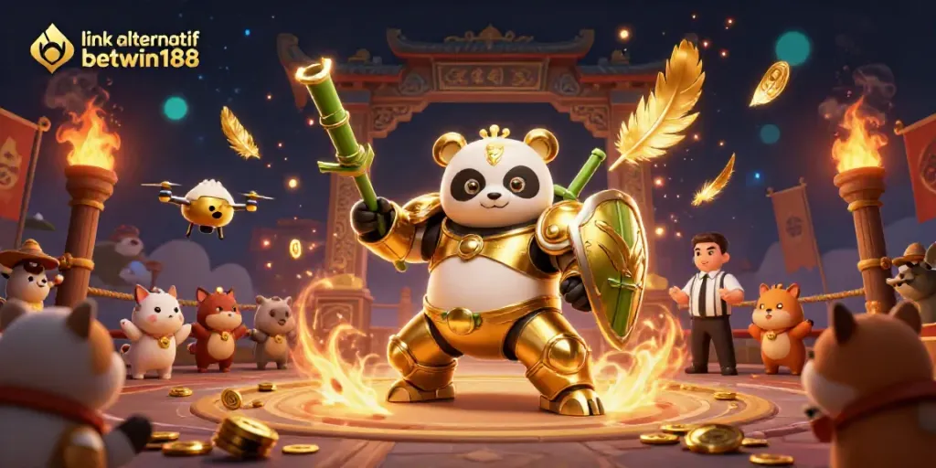 Temukan link alternatif betwin188 dengan ilustrasi menarik dari panda emas dalam arena pertandingan.