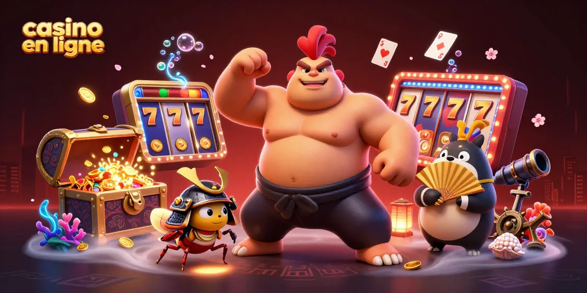 Scène dynamique de casino en ligne avec un sumo et un criquet, comprenant des jackpots et des trésors sous-marins.