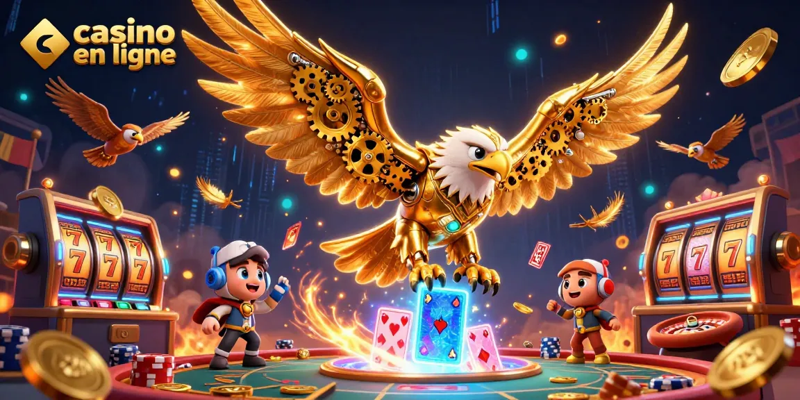 Jouer au casino en ligne: illustration dynamique d'un aigle cybernétique sur fond de cartes et pièces d'or.