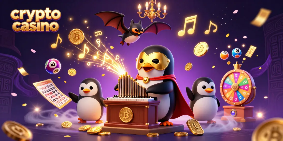 Il crypto casino presenta un pinguino fantasma in maschera dorata che suona un organo, circondato da monete e elementi blockchain.