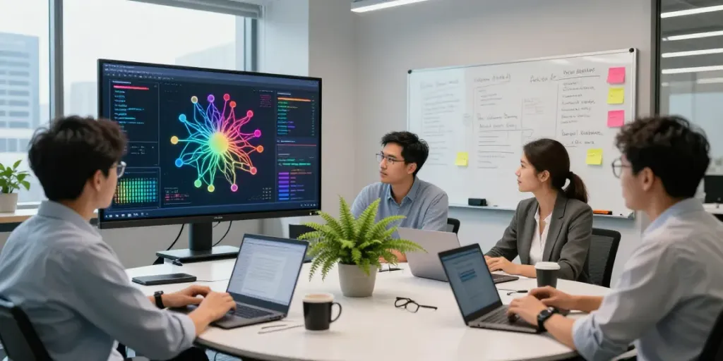 Collaboration in a modern AI lab defining Enterprise AI strategies and visualizing data.