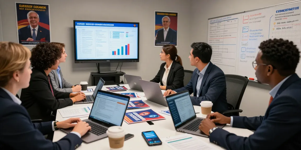 Strategists discussing meta political ads authorization in a campaign setting with voter data analysis.