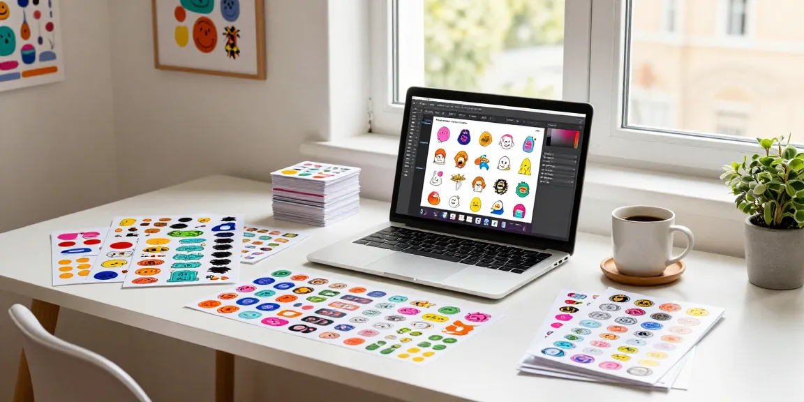 Designer creating custom stickers in a vibrant workspace with sticker designs and natural light.