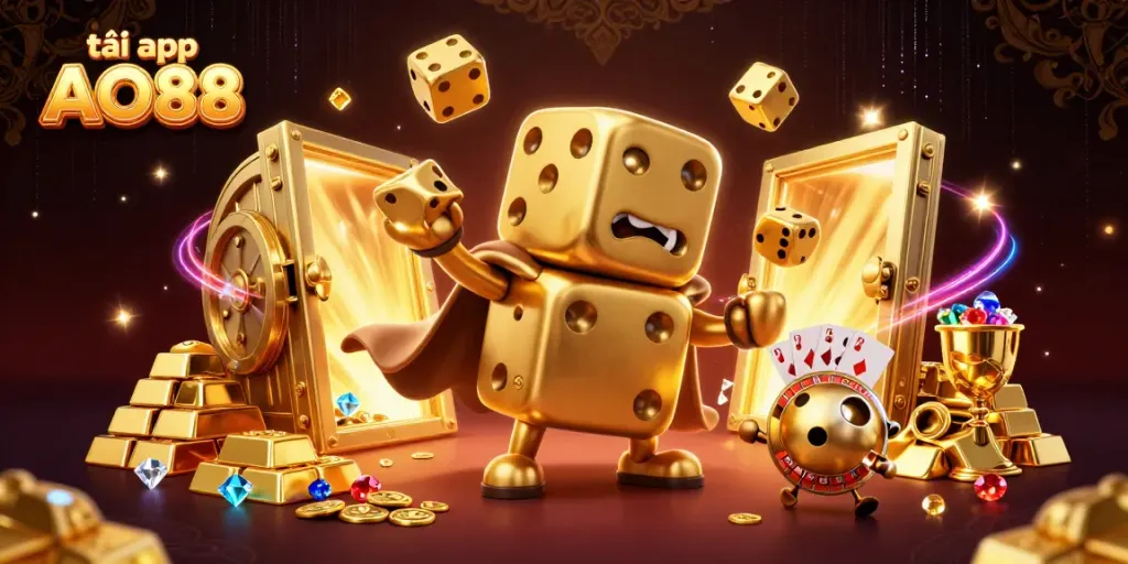 Experience excitement with the massive golden dice golem and treasures while tải app AO88 for gaming action.