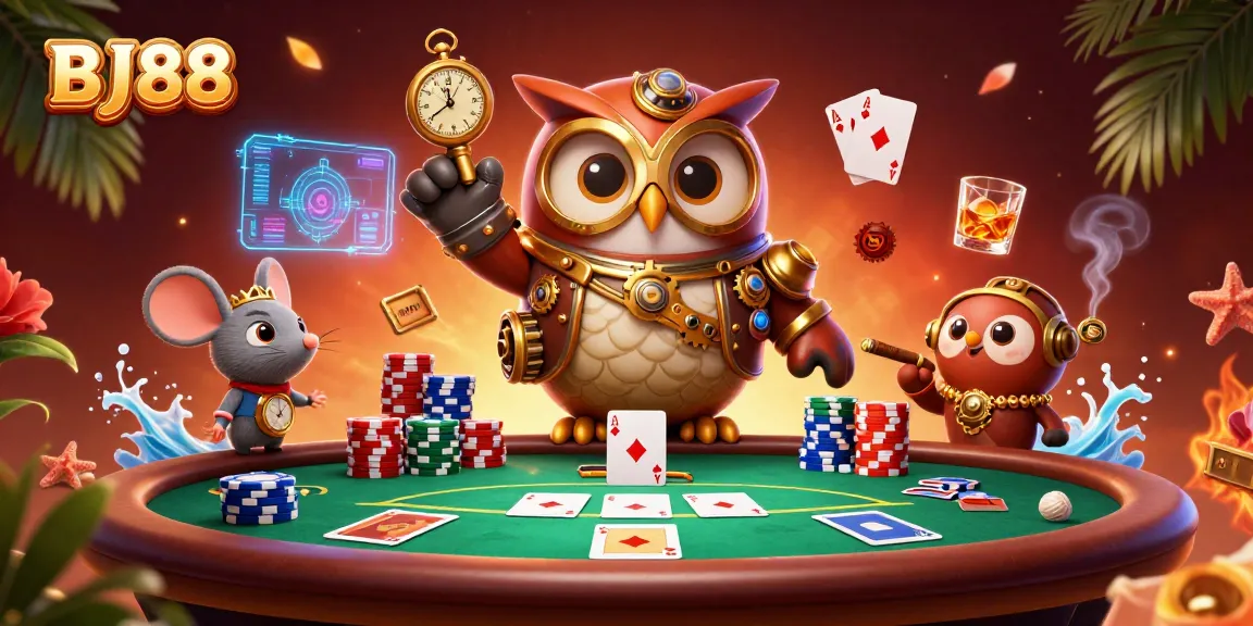 Engage with BJ88's thrilling poker scene featuring animated characters and vibrant gambling elements.