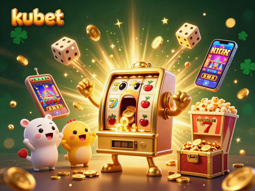 Experience excitement at kubet with a lively jackpot scene featuring animated slot machines and coins.