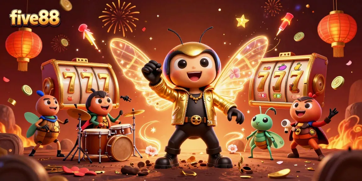 Experience the vibrant excitement of five88 with a lively 3D casino rock star scene adorned with slots and dazzling effects.