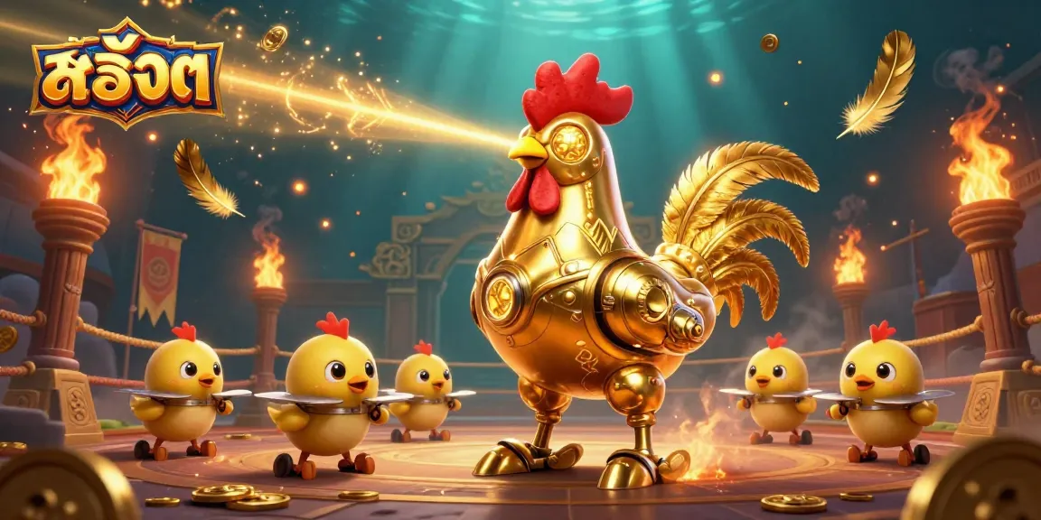 Experience thrilling สล็อต play with a golden rooster robot and baby chick drones in a dynamic casino scene.