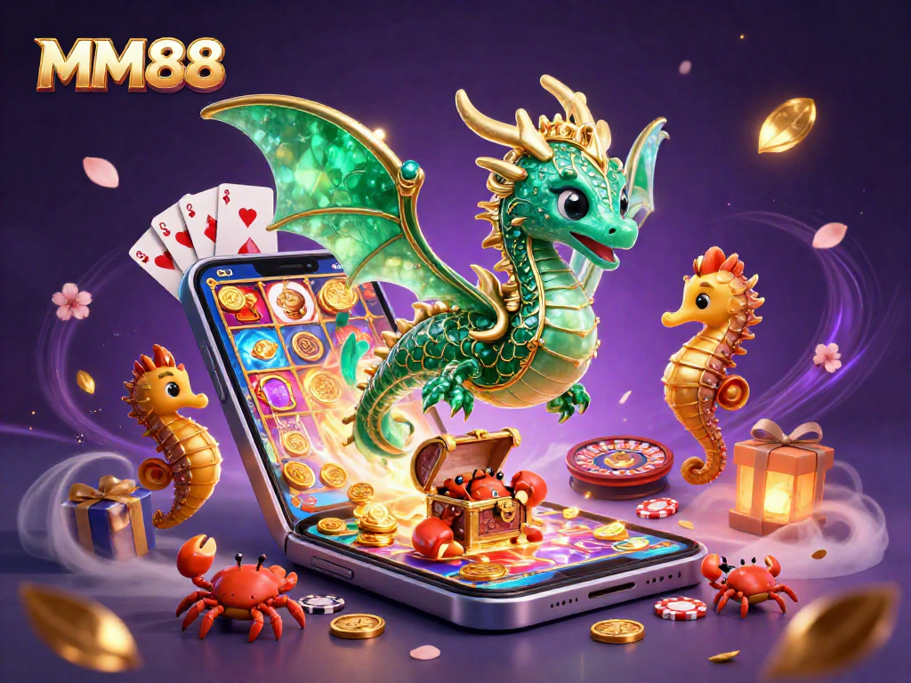 Experience MM88's thrilling gameplay with a vibrant 3D fantasy illustration depicting a sea dragon and casino elements.