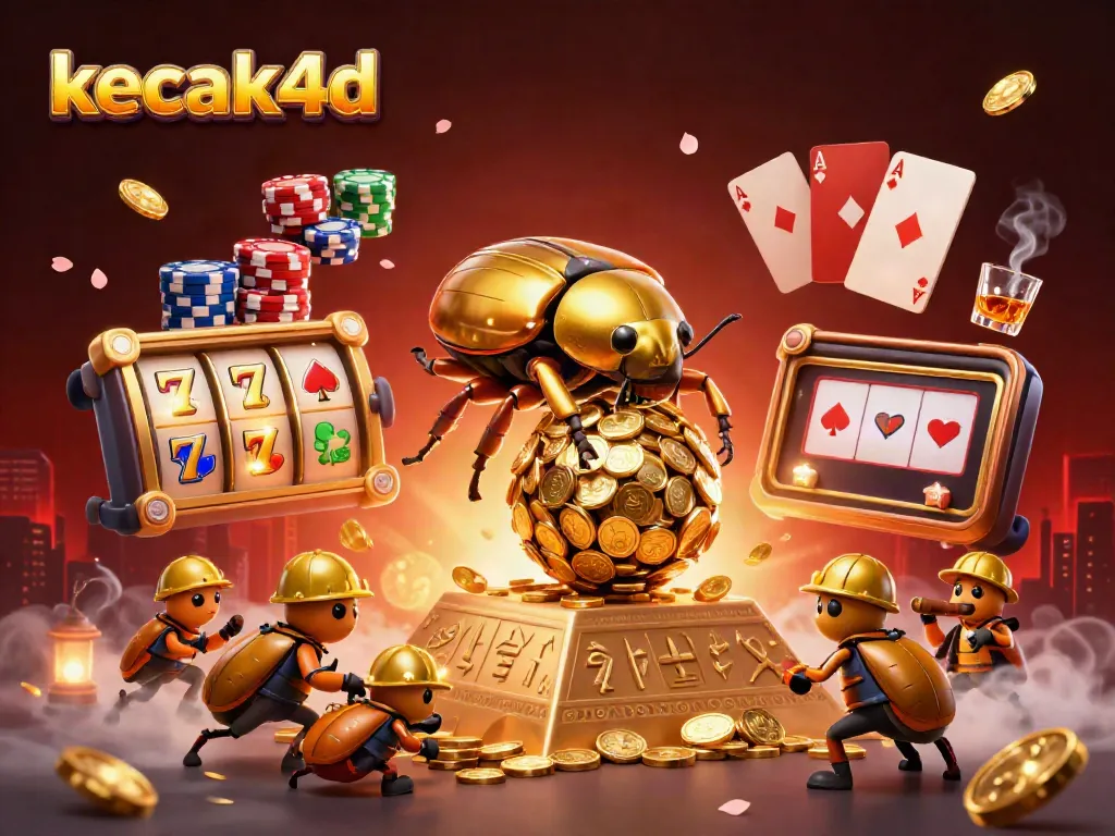 kecak4d showcases a golden dung beetle surrounded by slot reels and poker chips in a vibrant casino scene.