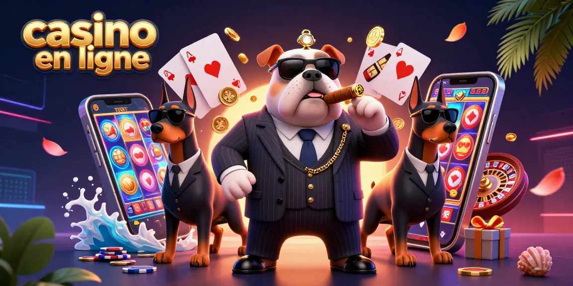Un casino en ligne animé avec un bulldog mafieux entouré de dobermans, gain de jackpots et jeux de cartes.