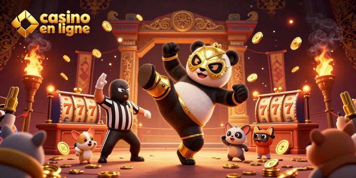 Expérience intense de casino en ligne avec des personnages animés comme un panda lutteur et un chihuahua arbitre.