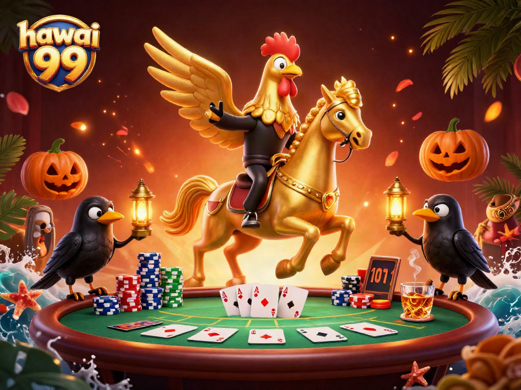 Experience the vibrant nightlife of hawai 99 as golden rooster battles at a poker table.