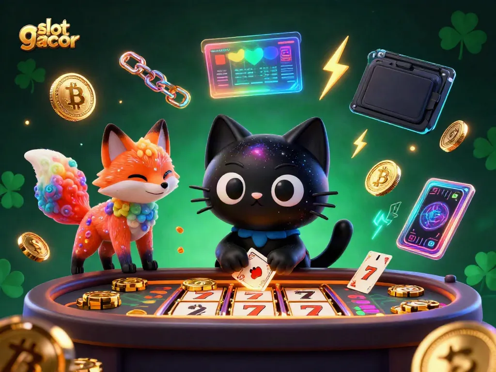 Mengamati permainan slot gacor di sekolah kasino dengan karakter kucing lubang hitam dan fox nebula di tengah, dikelilingi aset digital.