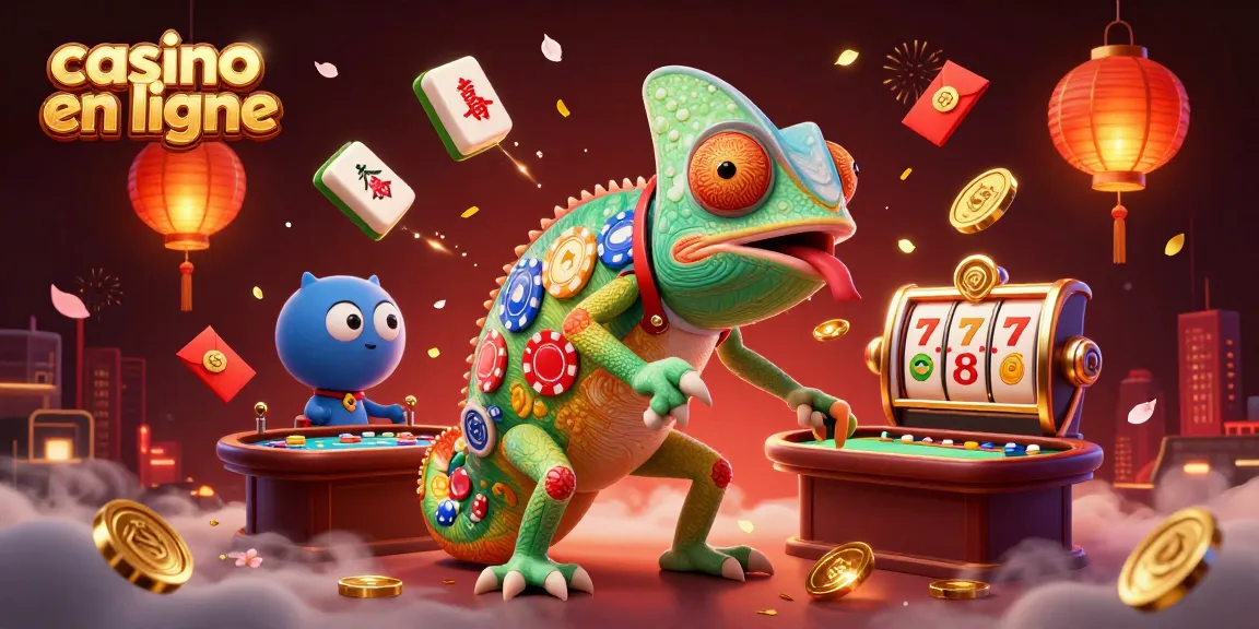 Un chameleon géant de casino en ligne attrapant des pièces dorées, entouré de lanternes et de jeux.