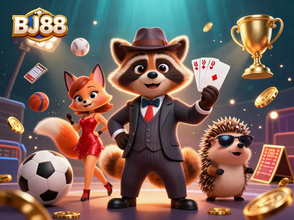Experience thrills at BJ88 with a suave raccoon and stylish fox in thrilling sports betting action!