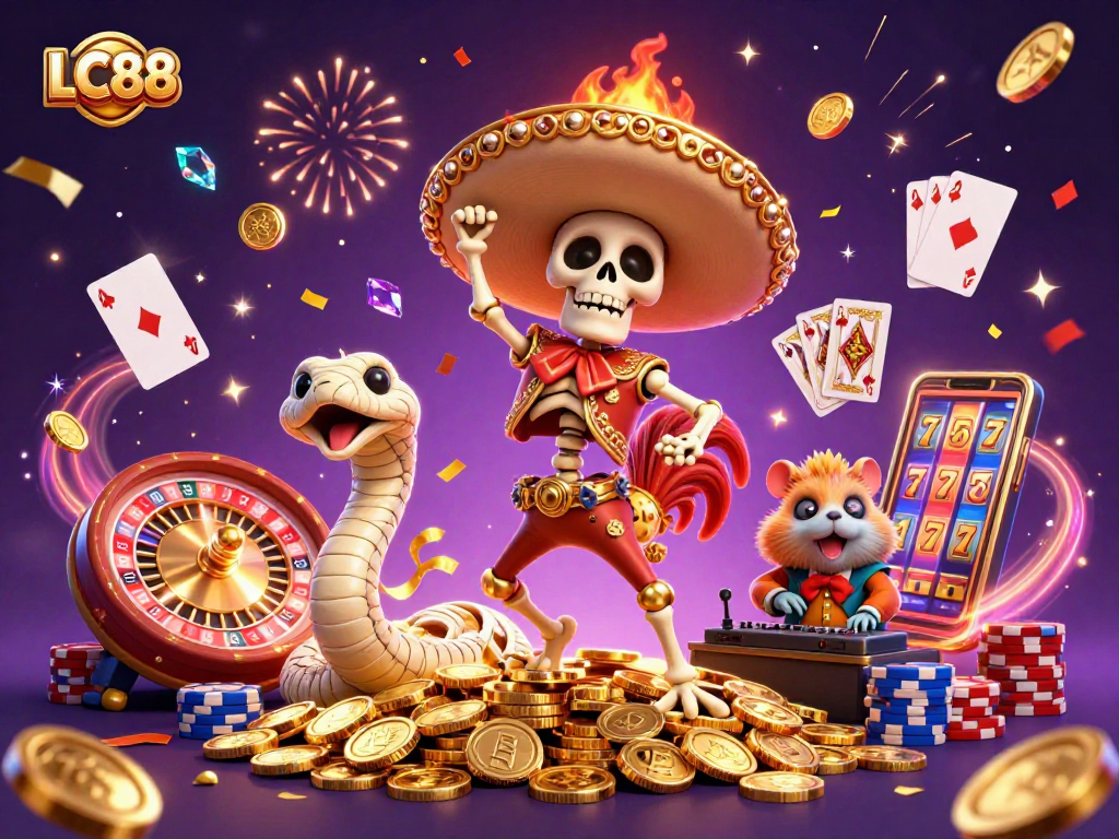 LC88 celebrates with a vibrant casino scene featuring playful characters amidst a flurry of golden coins and games.