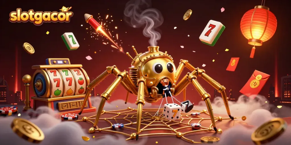 Spin the reels with slotgacor's golden spider, surrounded by vibrant casino elements and lucky symbols.