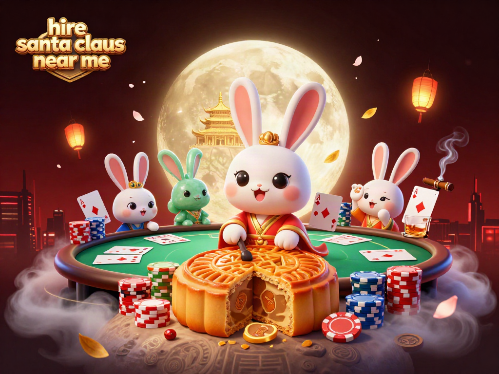 Watch the magical scene of a moon rabbit and jade rabbit revealing poker chips while embracing the festive spirit to hire santa claus near me.