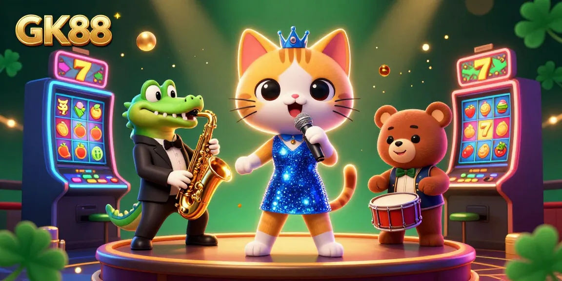 GK88 showcases vibrant slot gaming with a jazz singer cat, saxophonist crocodile, and drummer bear in an interactive scene.