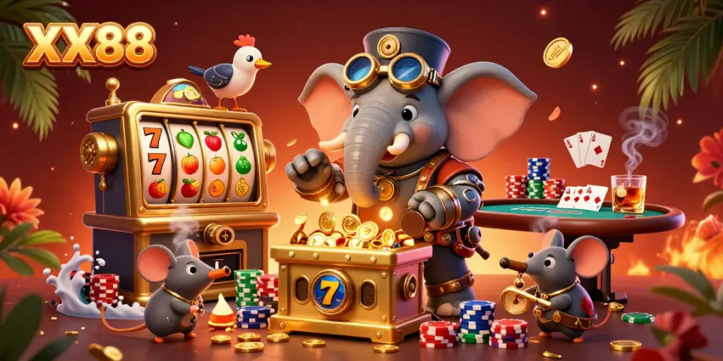Experience thrilling gameplay at XX88 with a steampunk elephant at the slot machine amidst vibrant casino elements.