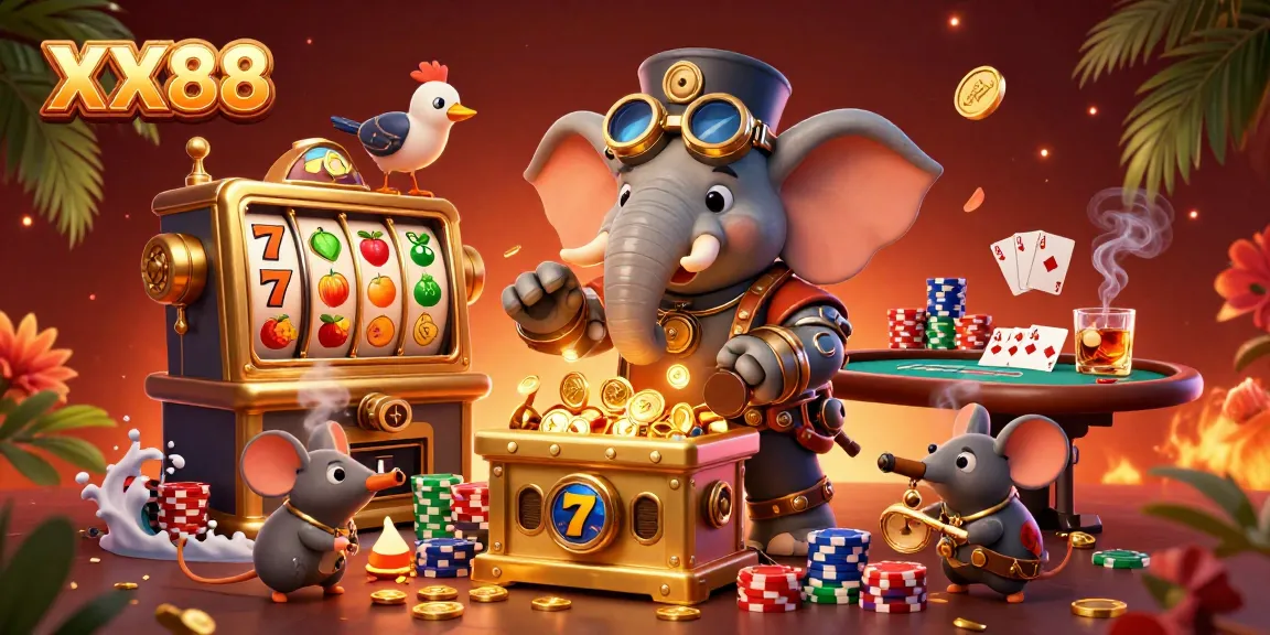 Experience thrilling gameplay at XX88 with a steampunk elephant at the slot machine amidst vibrant casino elements.