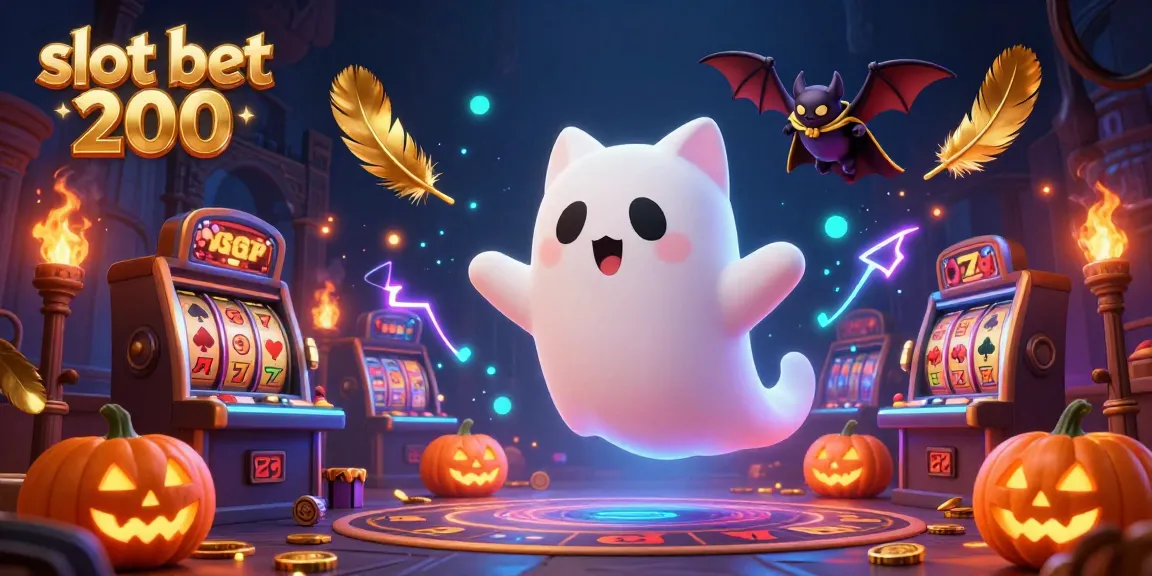Engage in thrilling slot bet 200 action with a ghost cat and vampire bat in a vibrant casino scene.
