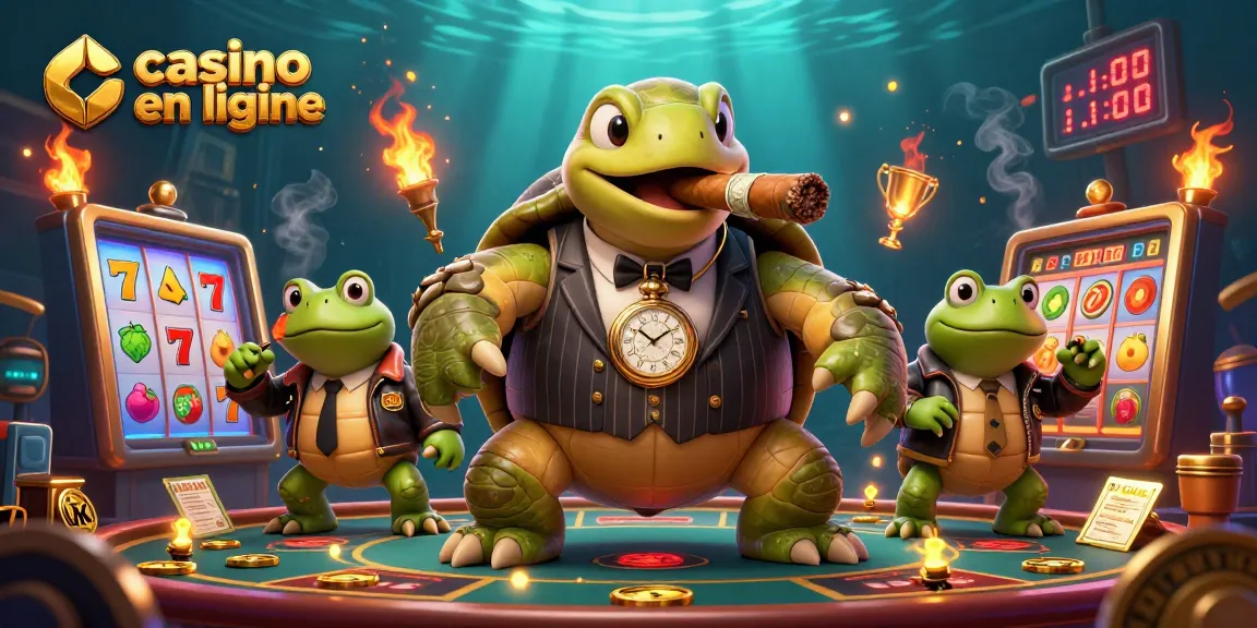 Faites tourner les rouleaux au casino en ligne avec une tortue mobster et des grenouilles enflammées.