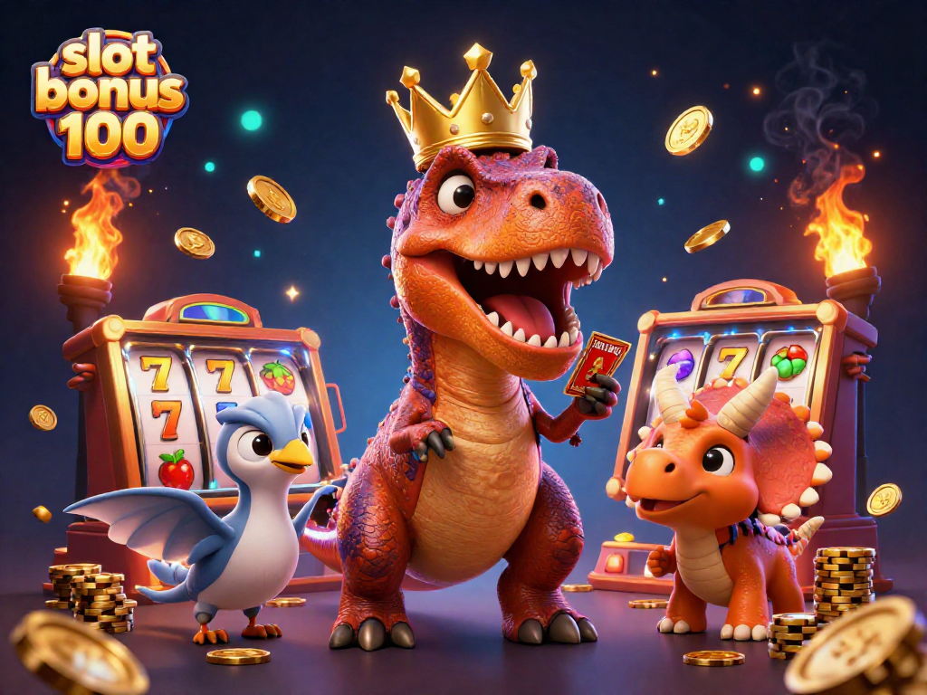 Engage with slot bonus 100 to claim your winnings with a T-Rex dealing cards amidst dynamic casino elements.