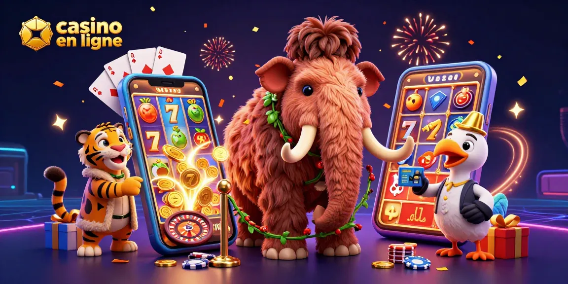Casino en ligne : Mammouth, tigre et dodo accueillent les VIPs dans une illustration festive 3D.