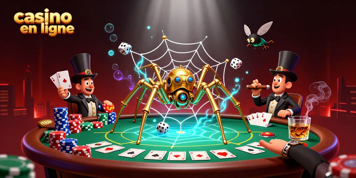 Le casino en ligne offre une scène animée avec une araignée steampunk construisant une toile de pièces de poker et des dés, illustrant l'excitation du jeu.