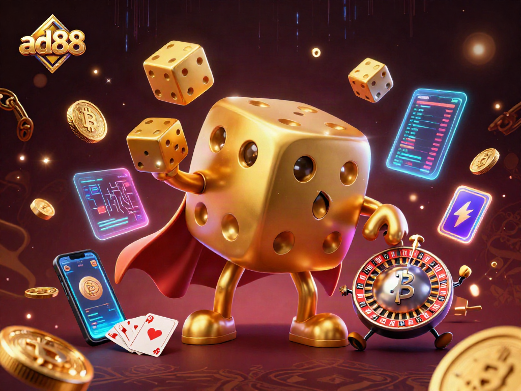 Engage with ad88's casino vibe through a dynamic 3D scene featuring golden dice and crypto coins.