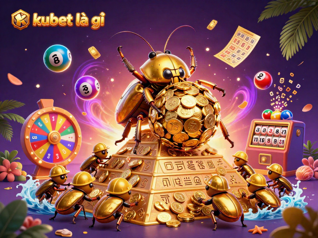 kubet là gì captures a golden beetle rolling coins up a pyramid amidst vibrant casino symbols.