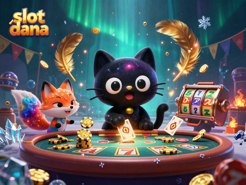 Menggoda keberuntungan dengan slot dana di meja kasino yang kosmis, menampilkan kucing ceria dan teman fox nebula.