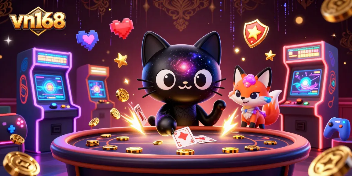 Engage with vn168's thrilling gaming experience at a cosmic casino with vibrant characters and lively game elements.