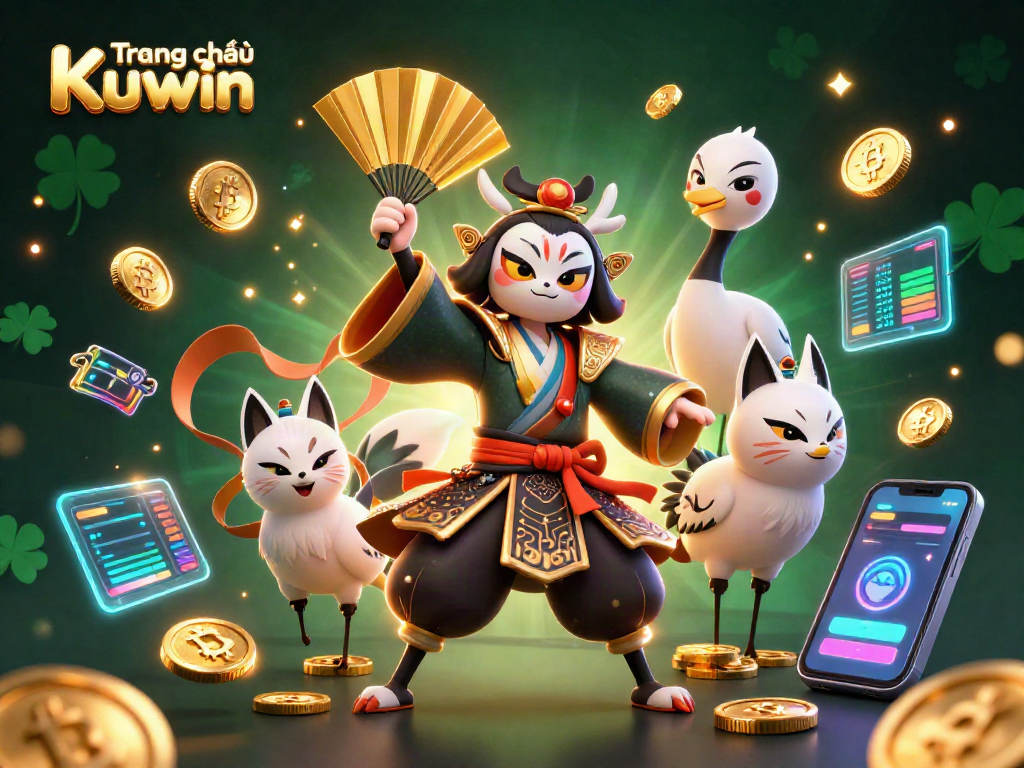 Experience the excitement on Trang chủ Kuwin with vibrant casino characters amidst crypto elements.