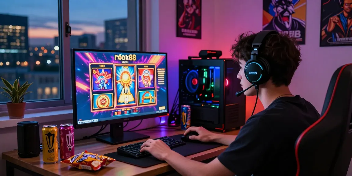 Excited gamer using rokok88 slot login on colorful gaming setup amidst city skyline.