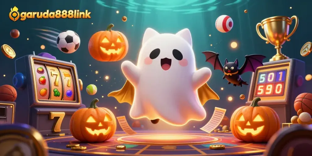 Experience the excitement of garuda888link with dynamic slots and ghostly characters illuminating the casino scene.