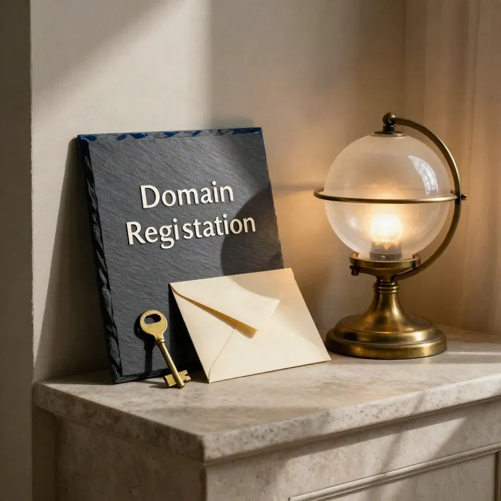 Brass key beside an address plaque, sealed envelope and lamp base on a stone ledge in warm window light.
