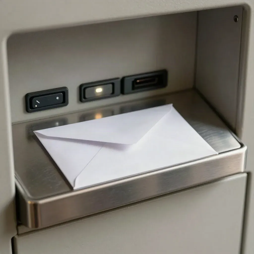 White envelope, status LEDs, phone cradle, and steel tray catching a bright activation edge.