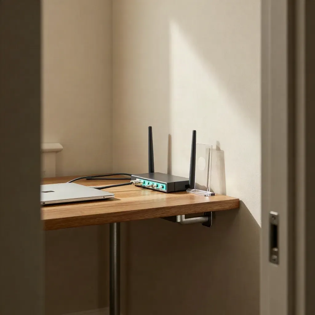 Closed laptop, router and cable run in a warm doorway workspace, soft daylight.