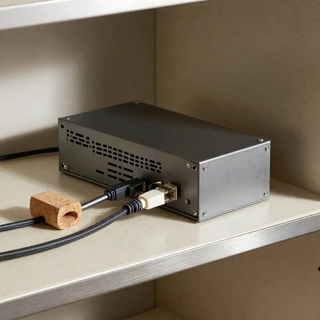 Graphite hosting box with routed ethernet cable, adapters, and cork wedge on travertine.