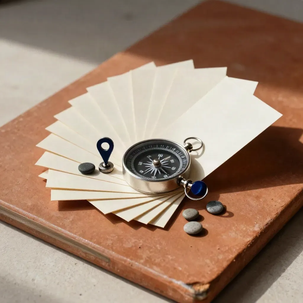 Top-down still life of map pins, a compass disk, marker stones and blank tabs on warm stone