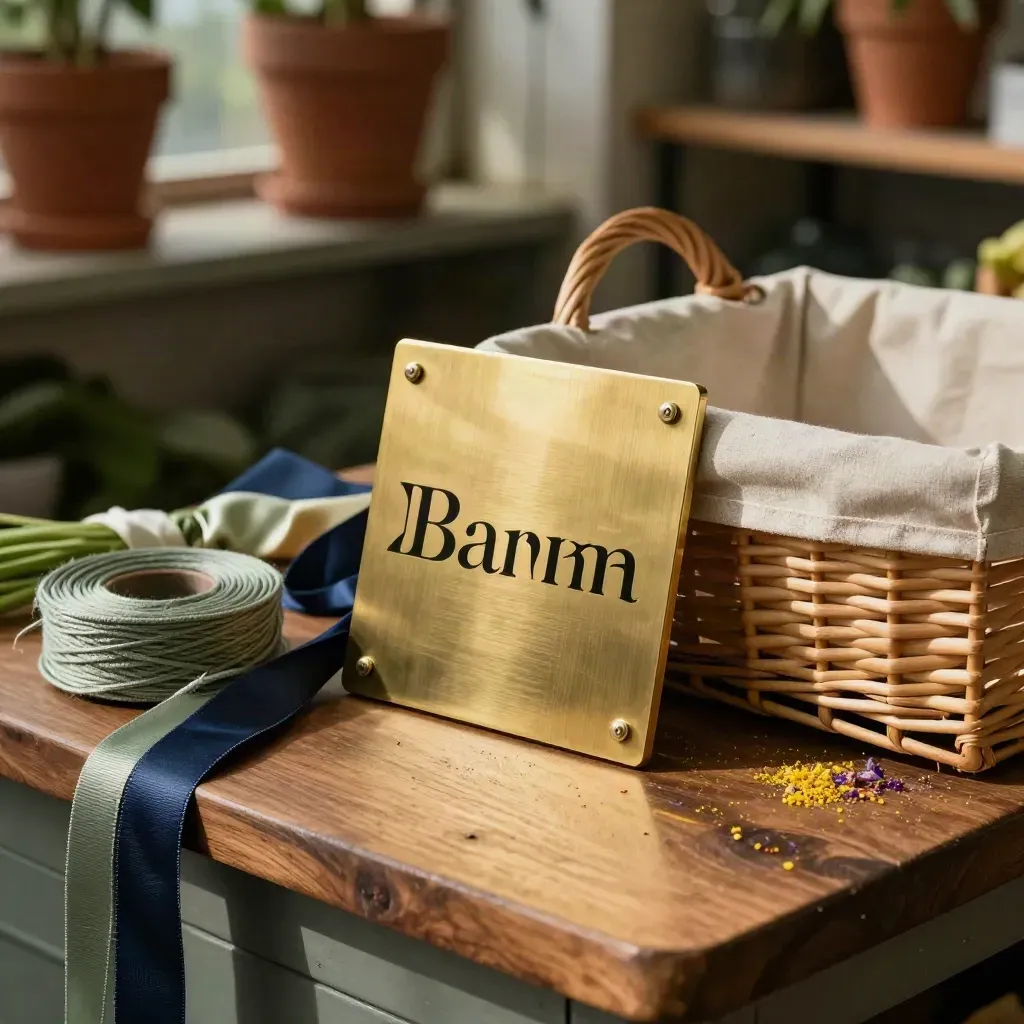 Brass florist plaque, navy ribbon spools and a delivery basket on a warm greenhouse counter.