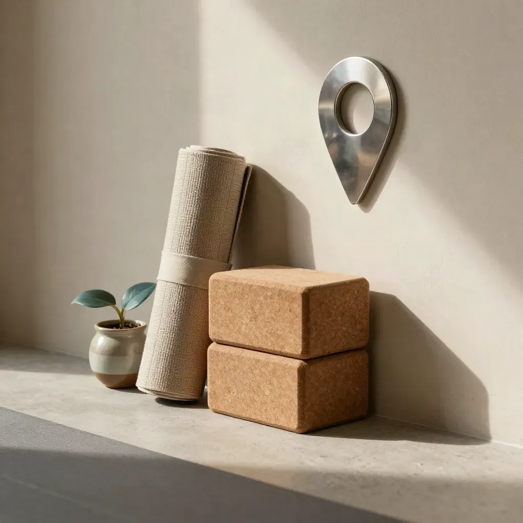 Yoga studio corner with cork blocks, rolled mat, planter, and wall pin sculpture in sunlight
