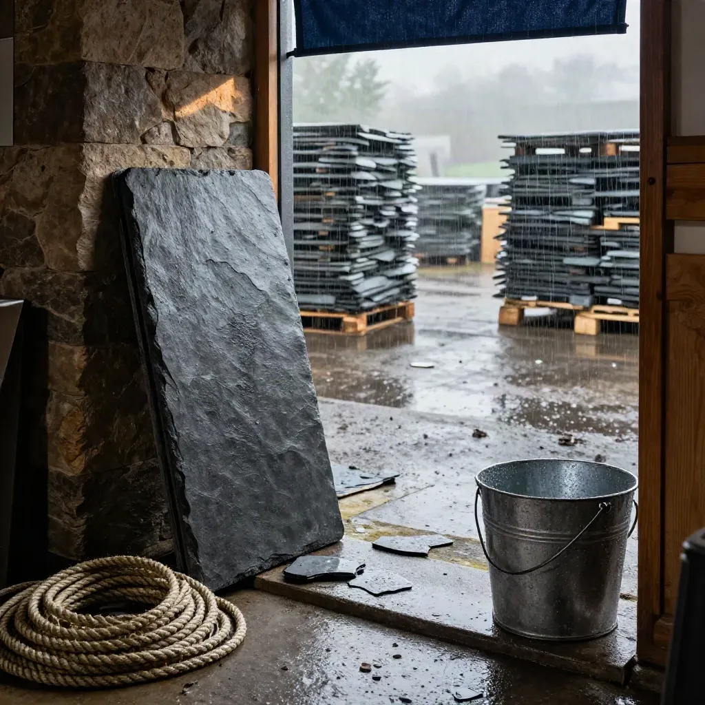 Slate samples, fall rope and roof tiles at a rainy workshop doorway