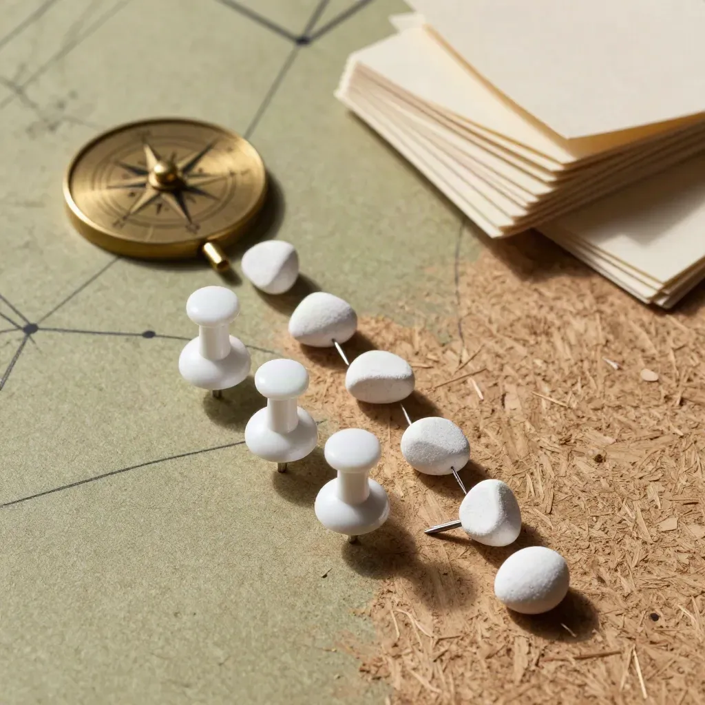 White map pins, brass compass disk, marker stones, and index tabs on corkboard.