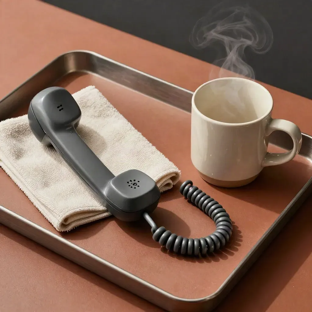 Top-down support tray with handset cradle, cloth, mug, cable and status light