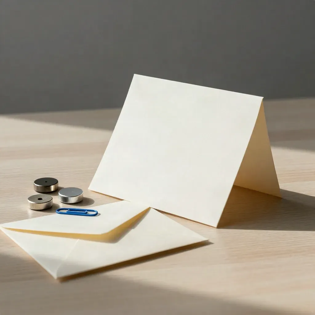Styled desk still-life with note card, service tokens, paperclip and envelope on pale wood.